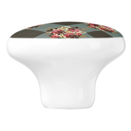 Country Grey Gingham met Bourgondische bloemen Keramische Knop (Zijkant)