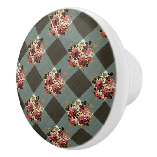 Country Grey Gingham met Bourgondische bloemen Keramische Knop (Rechts)