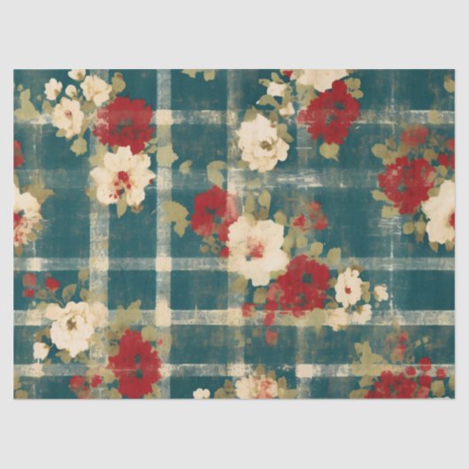 Country Grunge Distressed Plaid Floral Decoupage Tissuepapier (Voorkant)