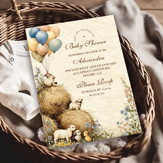 Country Hay Bale Farm Animals Baby shower Kaart