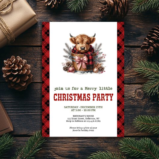 Country highland cow Christmas party invitation Kaart