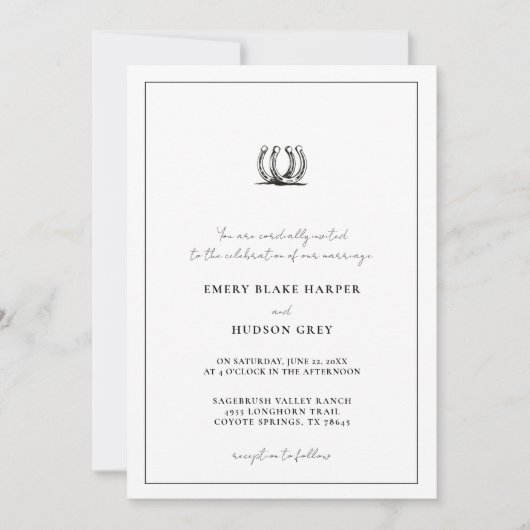 Country Hoefijzer Lijst Western Elegant BW Wedding Kaart (Voorkant)