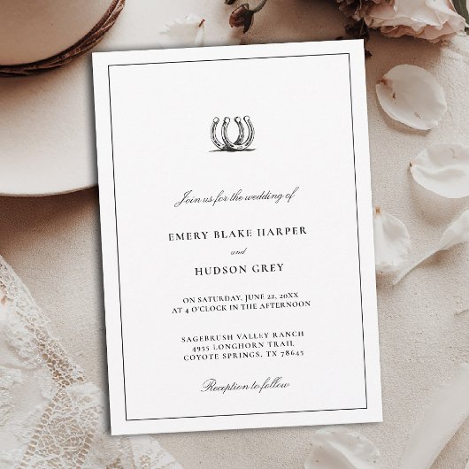 Country Horseshoe Frame Western Elegant BW Wedding Kaart