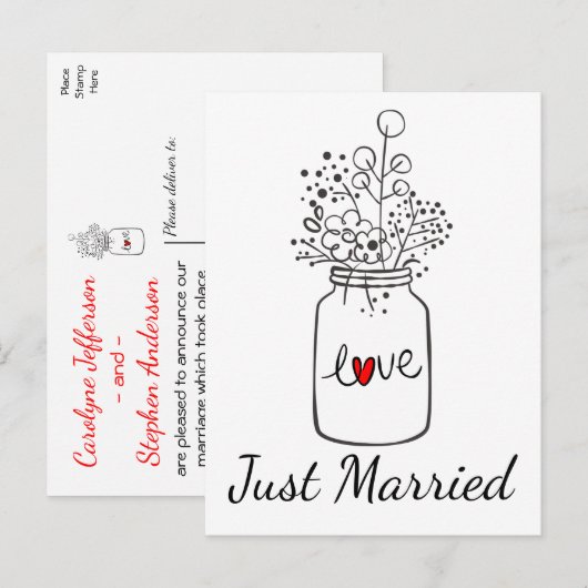 Country Just Married Wedding Mason Jar Zwart Rood Aankondigingskaart (Voorkant / Achterkant)