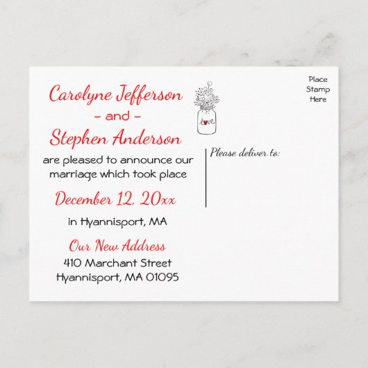 Country Just Married Wedding Mason Jar Zwart Rood Aankondigingskaart (Achterkant)