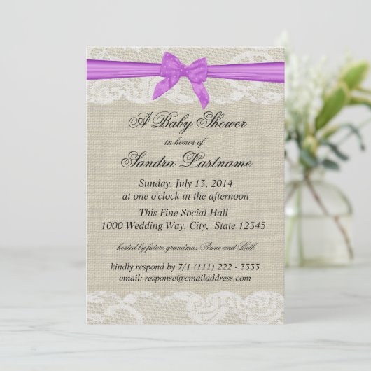 Country Kant en Burlap met Paarse Bow Shower Kaart (Staand voorkant)