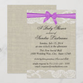 Country Kant en Burlap met Paarse Bow Shower Kaart (Voorkant / Achterkant)