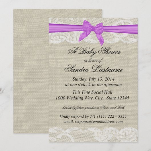 Country Kant en Burlap met Paarse Bow Shower Kaart (Voorkant / Achterkant)