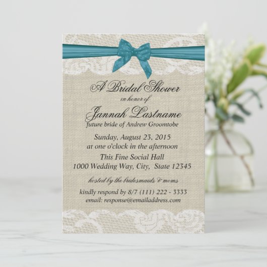 Country Kant en Burlap met Turquoise Bow Shower Kaart (Staand voorkant)