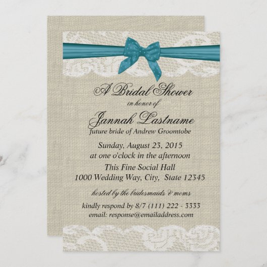 Country Kant en Burlap met Turquoise Bow Shower Kaart (Voorkant / Achterkant)