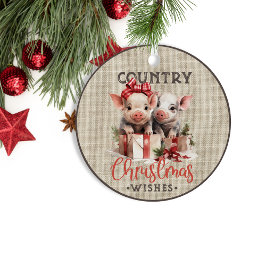 Country kerstwensen met twee biggen metalen ornament