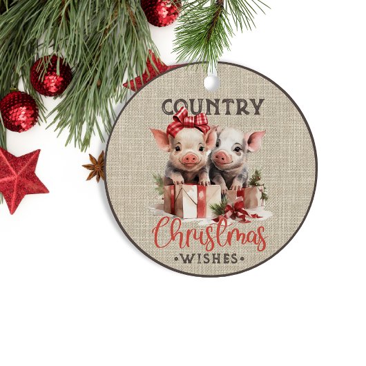 Country kerstwensen met twee biggen metalen ornament