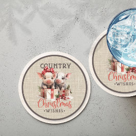 Country kerstwensen met twee biggen ronde kartonnen onderzetter