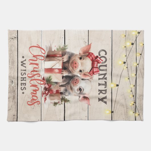 Country kerstwensen met twee biggen theedoek (Horizontaal)