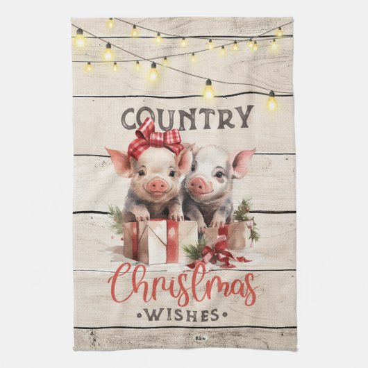 Country kerstwensen met twee biggen theedoek (Verticaal)