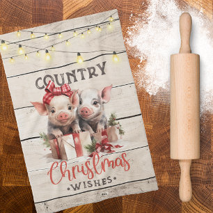 Country kerstwensen met twee biggen theedoek