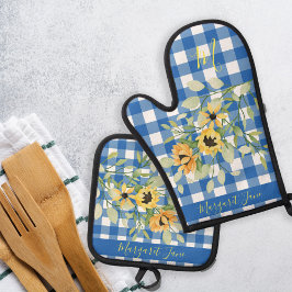 Country keuken bloemenmonogram naam plaid blauw ovenwant & pannenlap set