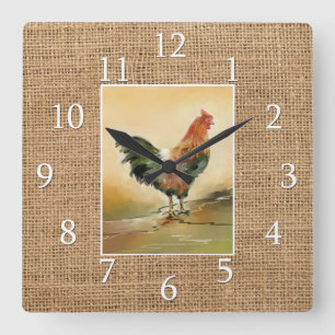 Country Kitchen Rooster Rustic Burlap Farmhouse Vierkante Klok
