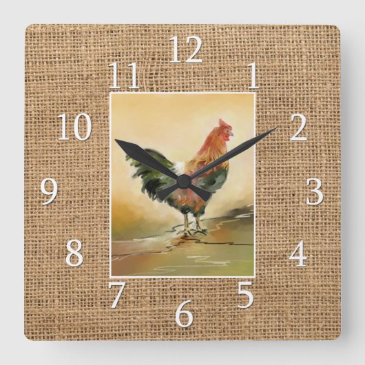 Country Kitchen Rooster Rustic Burlap Farmhouse Vierkante Klok (Voorkant)