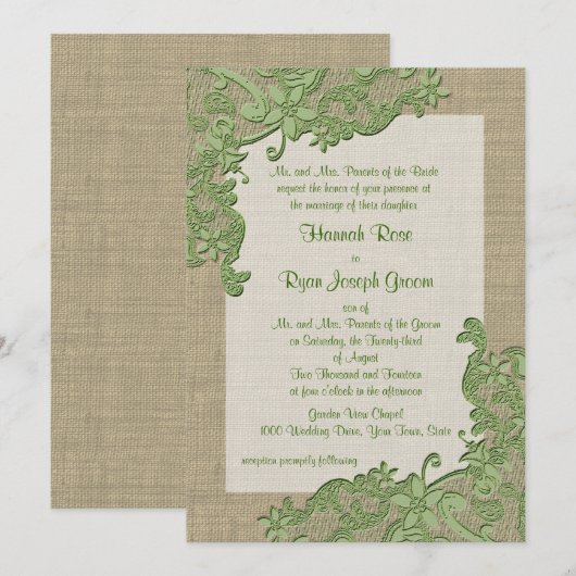 Country Lace Design en Burlap Green Kaart (Voorkant / Achterkant)