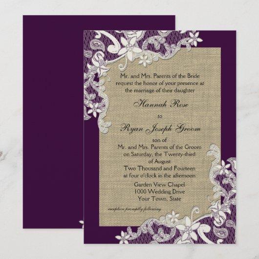  Country Lace Design en Burlap Paarse Kaart (Voorkant / Achterkant)