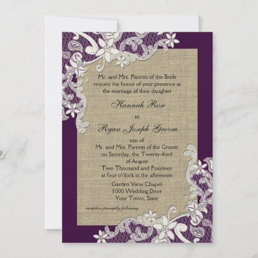 Country Lace Design en Burlap Paarse Kaart (Voorkant)