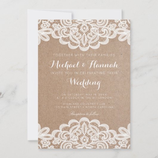 Country Lace Kraft Papier bruiloft uitnodiging (Voorkant)