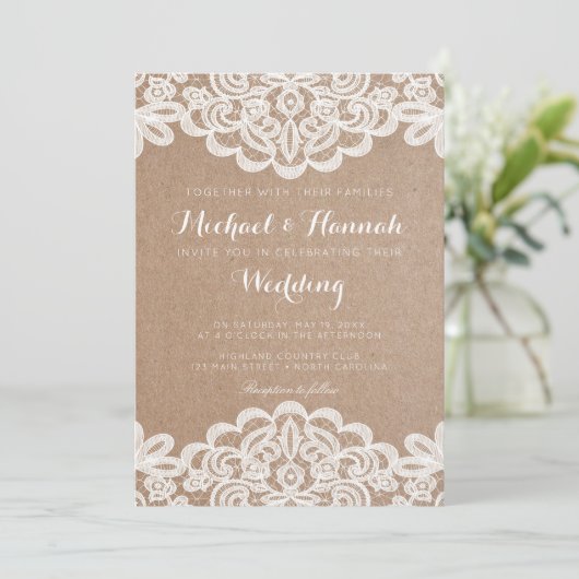 Country Lace Kraft Papier bruiloft uitnodiging (Staand voorkant)