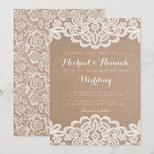 Country Lace Kraft Papier bruiloft uitnodiging (Voorkant / Achterkant)