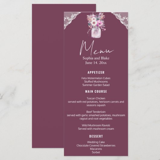 Country Lace Mason Jar Bourgondië bruiloft Menu (Voorkant / Achterkant)