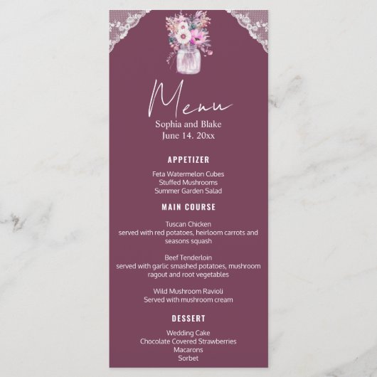 Country Lace Mason Jar Bourgondië bruiloft Menu (Voorkant)