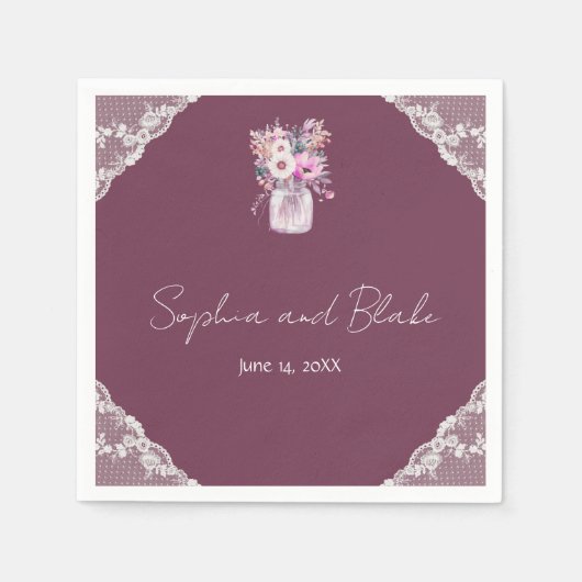 Country Lace Mason Jar Bourgondië bruiloft Servet (Voorkant)