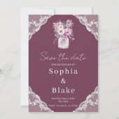 Country Lace Mason Jar Bourgondië Save the Date Kaart (Voorkant)