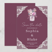 Country Lace Mason Jar Bourgondië Save the Date Kaart (Voorkant / Achterkant)