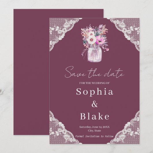 Country Lace Mason Jar Bourgondië Save the Date Kaart (Voorkant / Achterkant)
