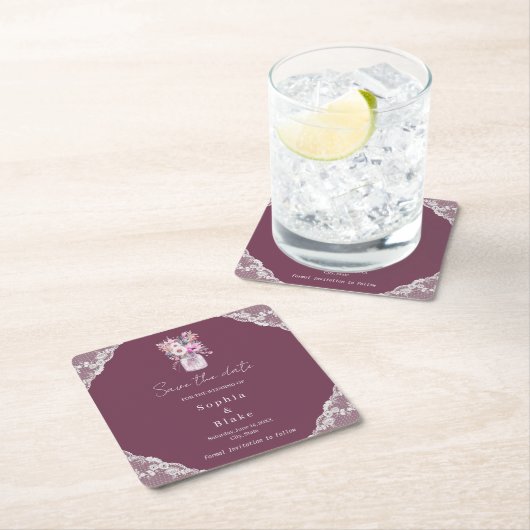 Country Lace Mason Jar Bourgondië Save the Date Kartonnen Onderzetters (Insitu)