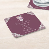 Country Lace Mason Jar Bourgondië Save the Date Kartonnen Onderzetters (Schuin)