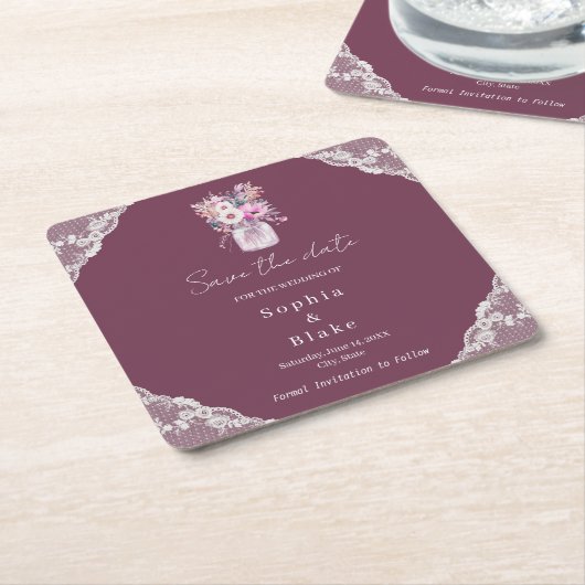 Country Lace Mason Jar Bourgondië Save the Date Kartonnen Onderzetters (Schuin)