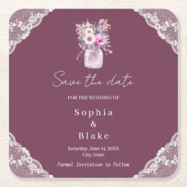 Country Lace Mason Jar Bourgondië Save the Date Kartonnen Onderzetters