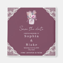 Country Lace Mason Jar Bourgondië Save the Date Magneet