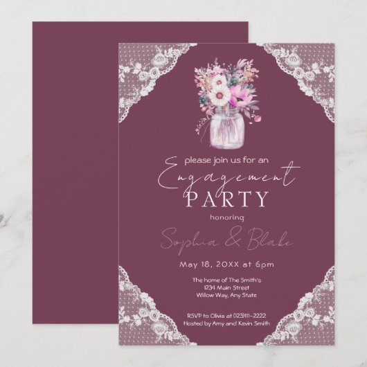 Country Lace Mason Jar Bourgondië Verlovingsfeest Kaart (Voorkant / Achterkant)