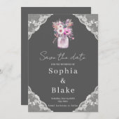 Country Lace Mason Jar Grey Save the Date Kaart (Voorkant / Achterkant)