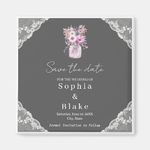 Country Lace Mason Jar Grey Save the Date Magneet