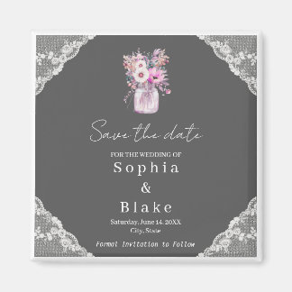 Country Lace Mason Jar Grey Save the Date Magneet