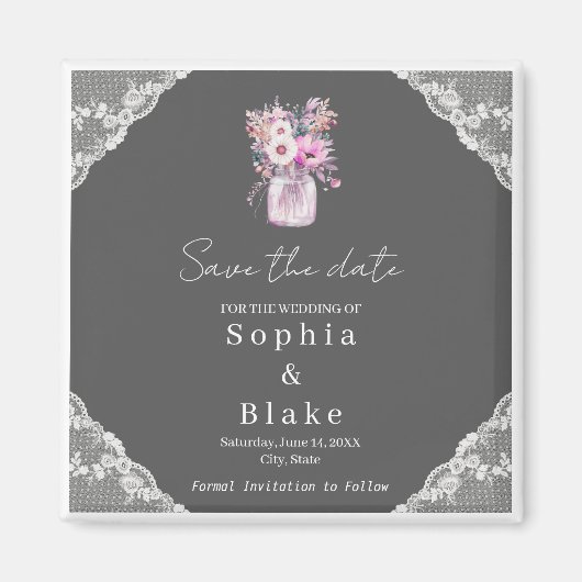 Country Lace Mason Jar Grey Save the Date Magneet (Voorkant)
