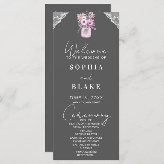 Country Lace Mason Jar Grey Trouwprogramma (Voorkant / Achterkant)