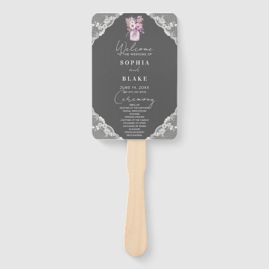 Country Lace Mason Jar Grey Trouwprogramma Handwaaier (Voorkant)