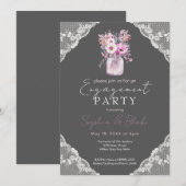 Country Lace Mason Jar Grey Verlovingsfeest Kaart (Voorkant / Achterkant)