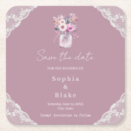 Country Lace Mason Jar Pink Save the Date Kartonnen Onderzetters