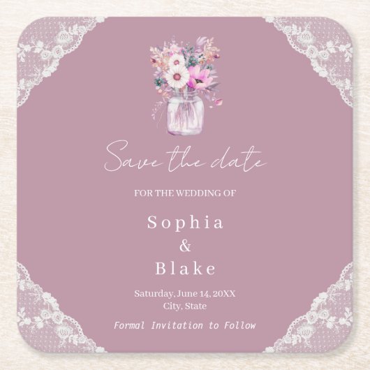 Country Lace Mason Jar Pink Save the Date Kartonnen Onderzetters (Voorkant)